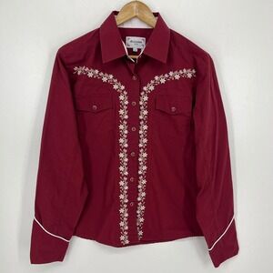 Ace of Diamond Women Burgundy Floral Embroidered Western Pearl Snap Shirt Large